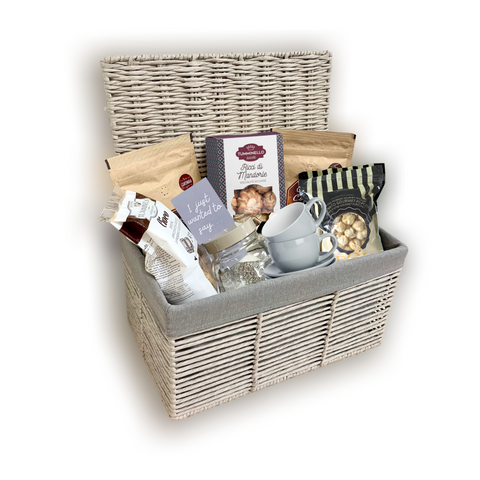 Our Italian Breakfast Hamper is a very special gift for lovers of coffee and Italian desserts! It includes: Sicilian Almond Cookies (handmade), Chocolate Cookies, Speciality Coffee grounded, Pistacchio & Caramel Gourmet Popcorn, Cappuccino Cup & Saucer in Grey, Glass jar for sweets or coffee with cappuccino colour lid. Delivered in the UK by an online grocery store Trendico.