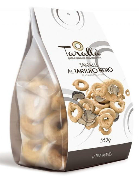 Truffle oil taralli from Puglia handmade by an Italian producer Taralla with only natural ingredients delivered in the UK by an online grocery store Trendico. Traditional Italian biscuits based on the original recipe with additional flours.