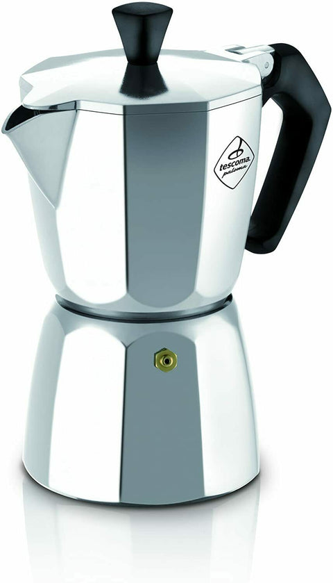 Moka coffee maker (Moka pot) is excellent for preparing traditional espresso. This Moka pot is made of safe aluminum to come into contact with foods (EN 601), the handle is made of heat-resistant plastic. It is made by an Italian producer Tescoma delivered in the UK by an online grocery store Trendico.